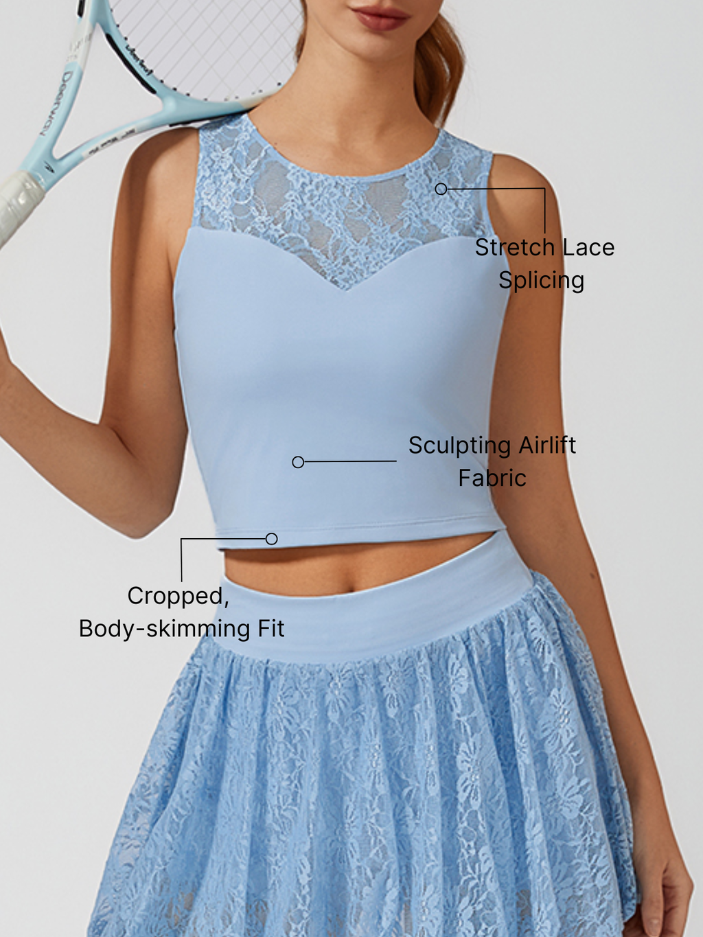 Lace Splicing Crew Neck Crop Tank Top Light Blue