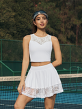 Lace Splicing Crew Neck Crop Tank Top with Built-in Bra