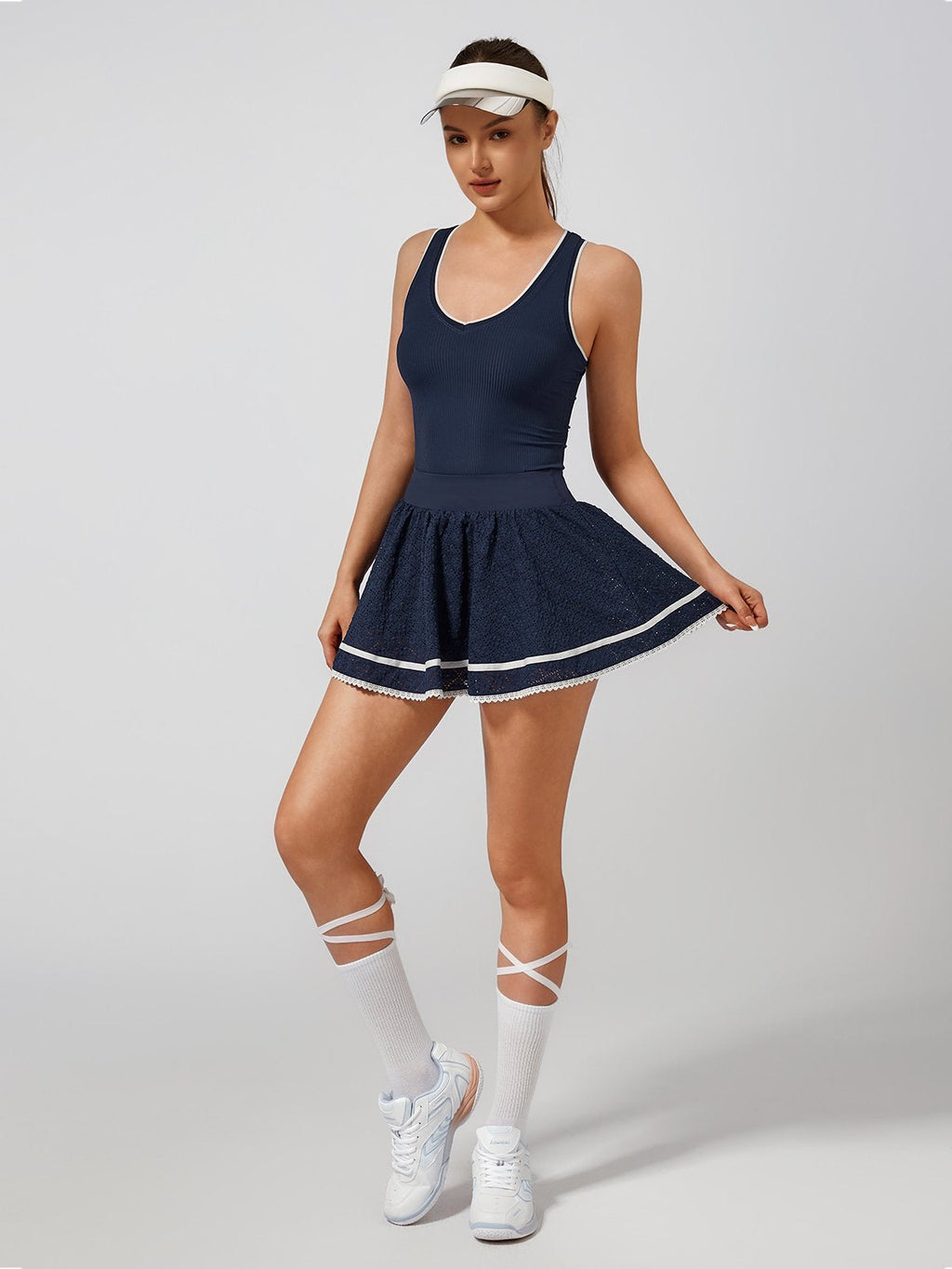 High Elasticity Hollow Out Tennis Skirt Navy Blue