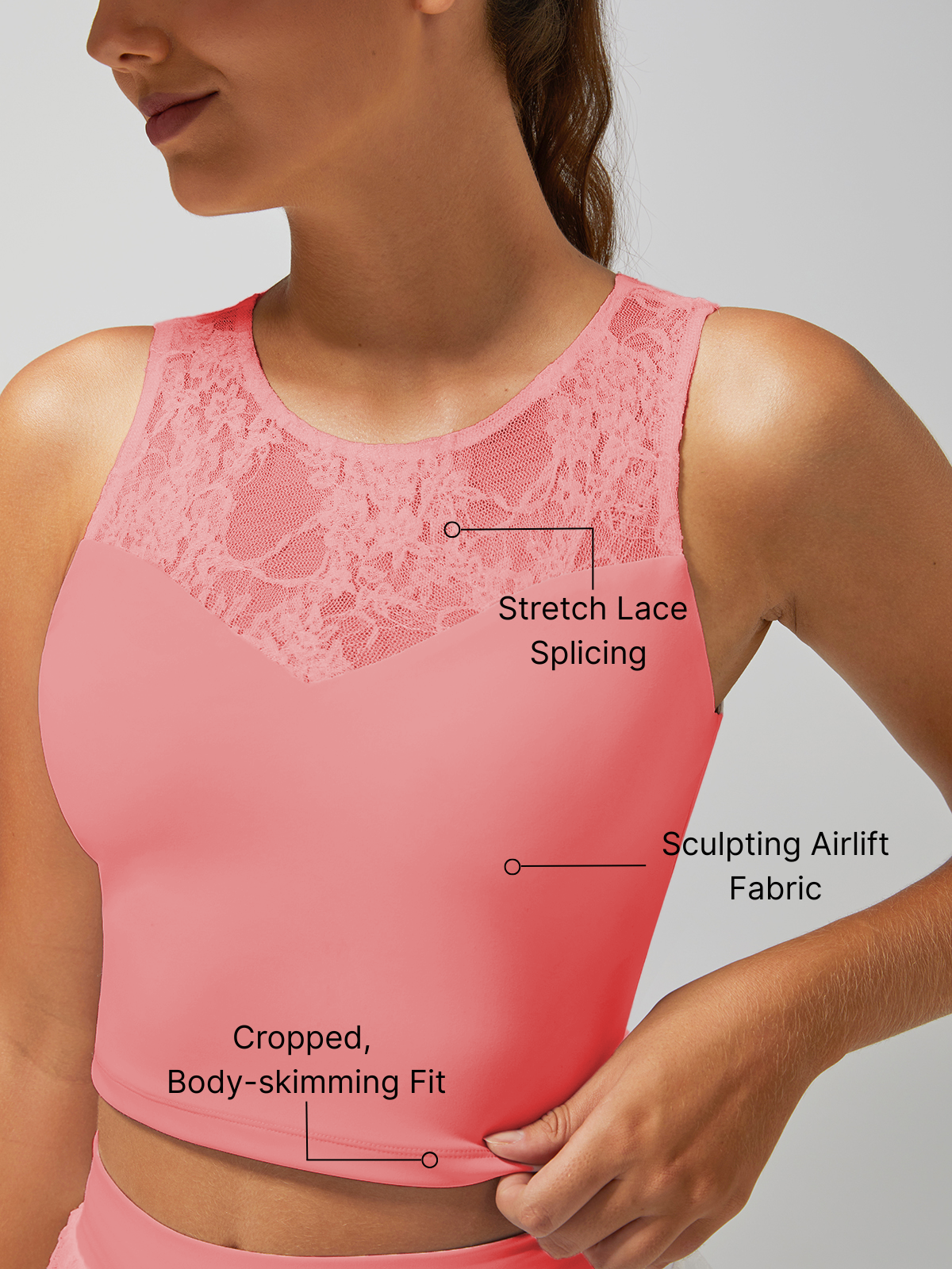 Lace Splicing Crew Neck Crop Tank Top Berry Pink