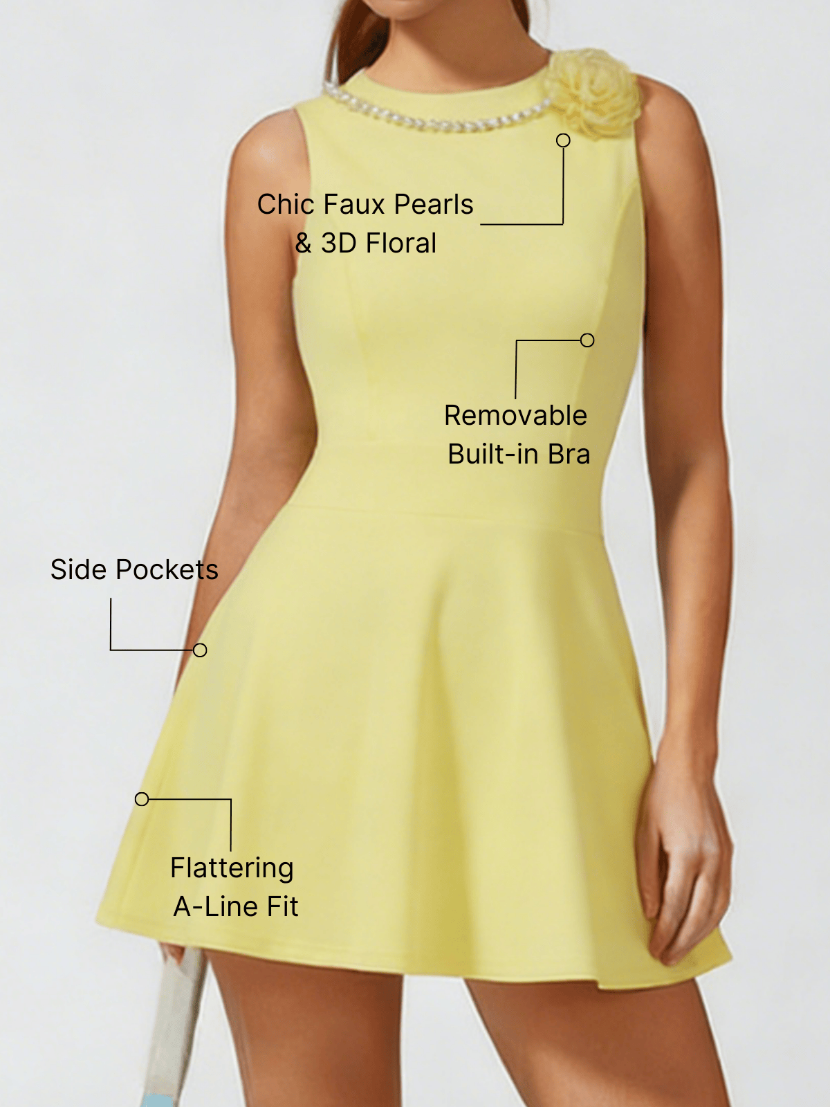 Faux Pearls 3D Floral Tennis Dress Yellow