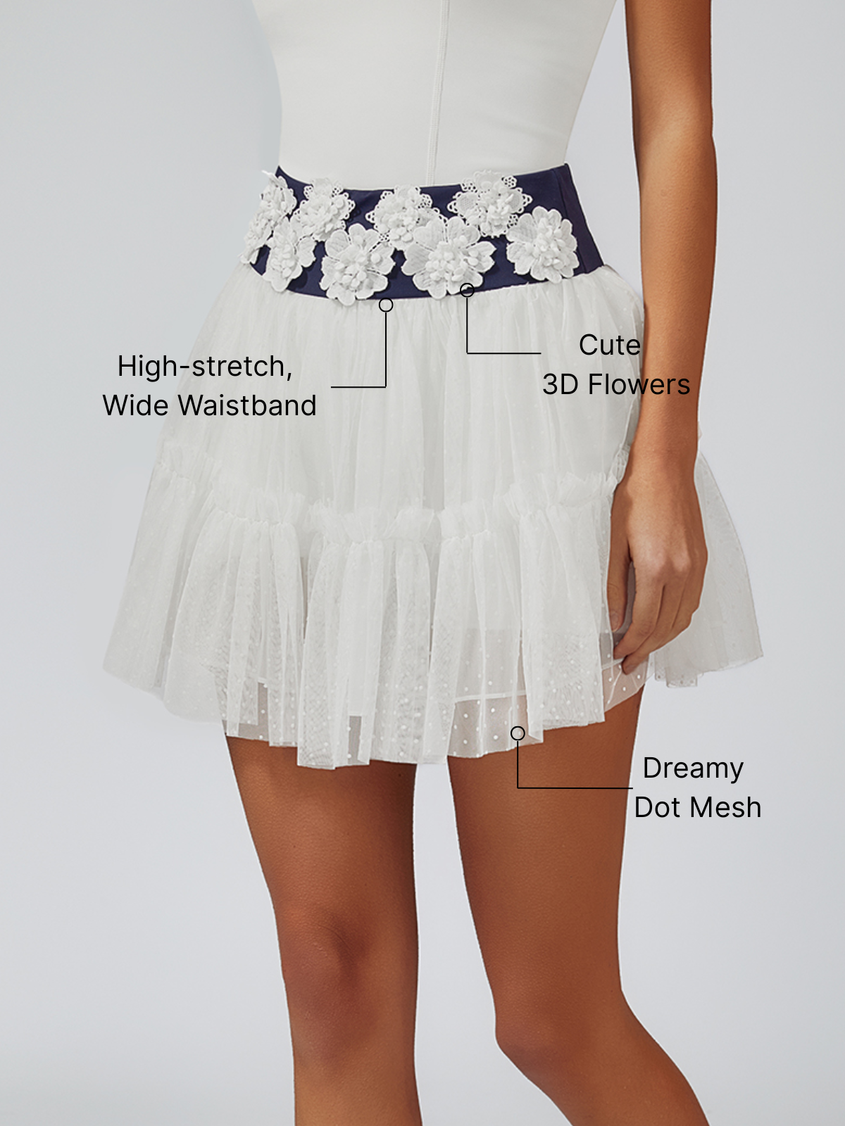 Cute 3D Flowers Dot Mesh Tennis Skirt