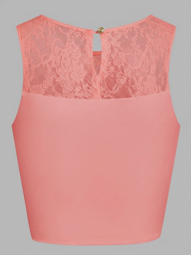 Lace Splicing Crew Neck Crop Tank Top Berry Pink