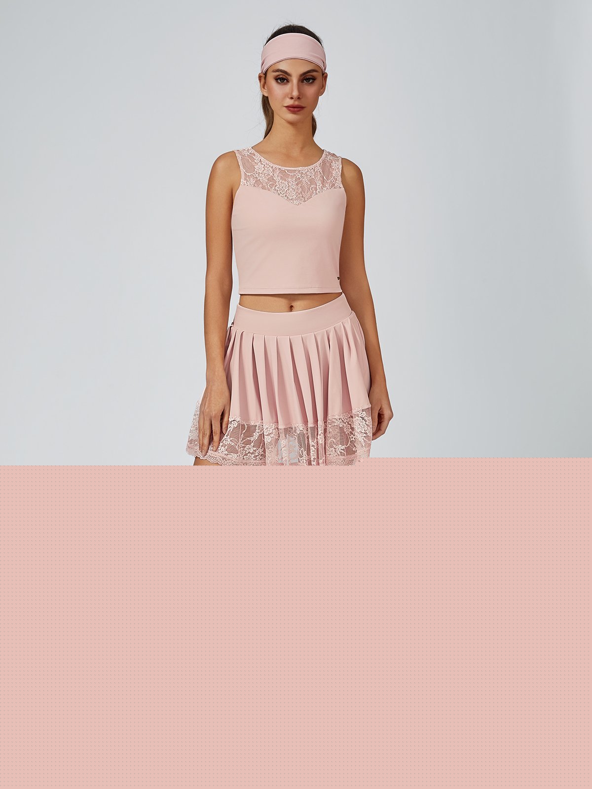 Lace Splicing Crew Neck Pickleball Crop Tank Top Pink