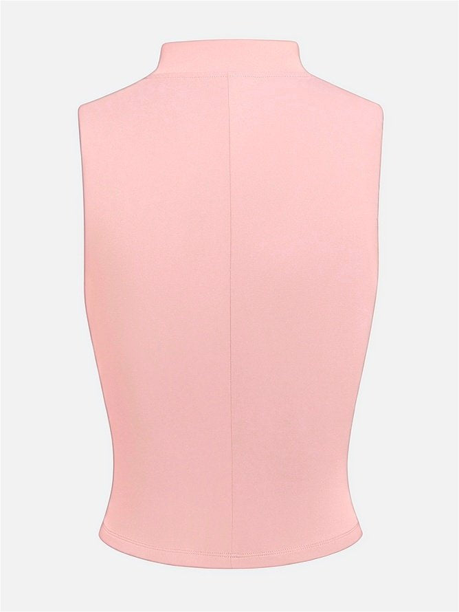 Front Zipper Stand Collar Tank Top Pink