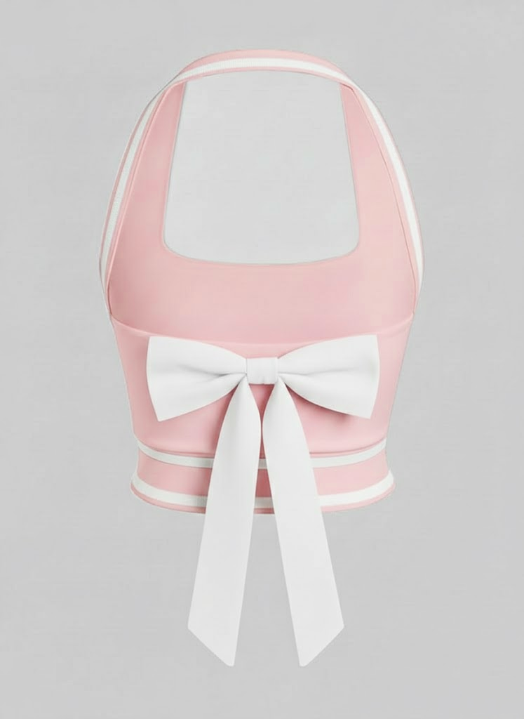 Cute Bow Halter Neckline Crop Tank Top with Built-in Bra