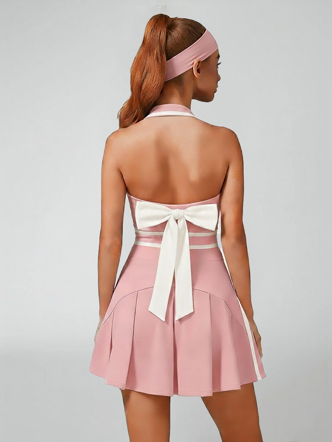 Cute Bow Halter Neckline Crop Tank Top with Built-in Bra Pink
