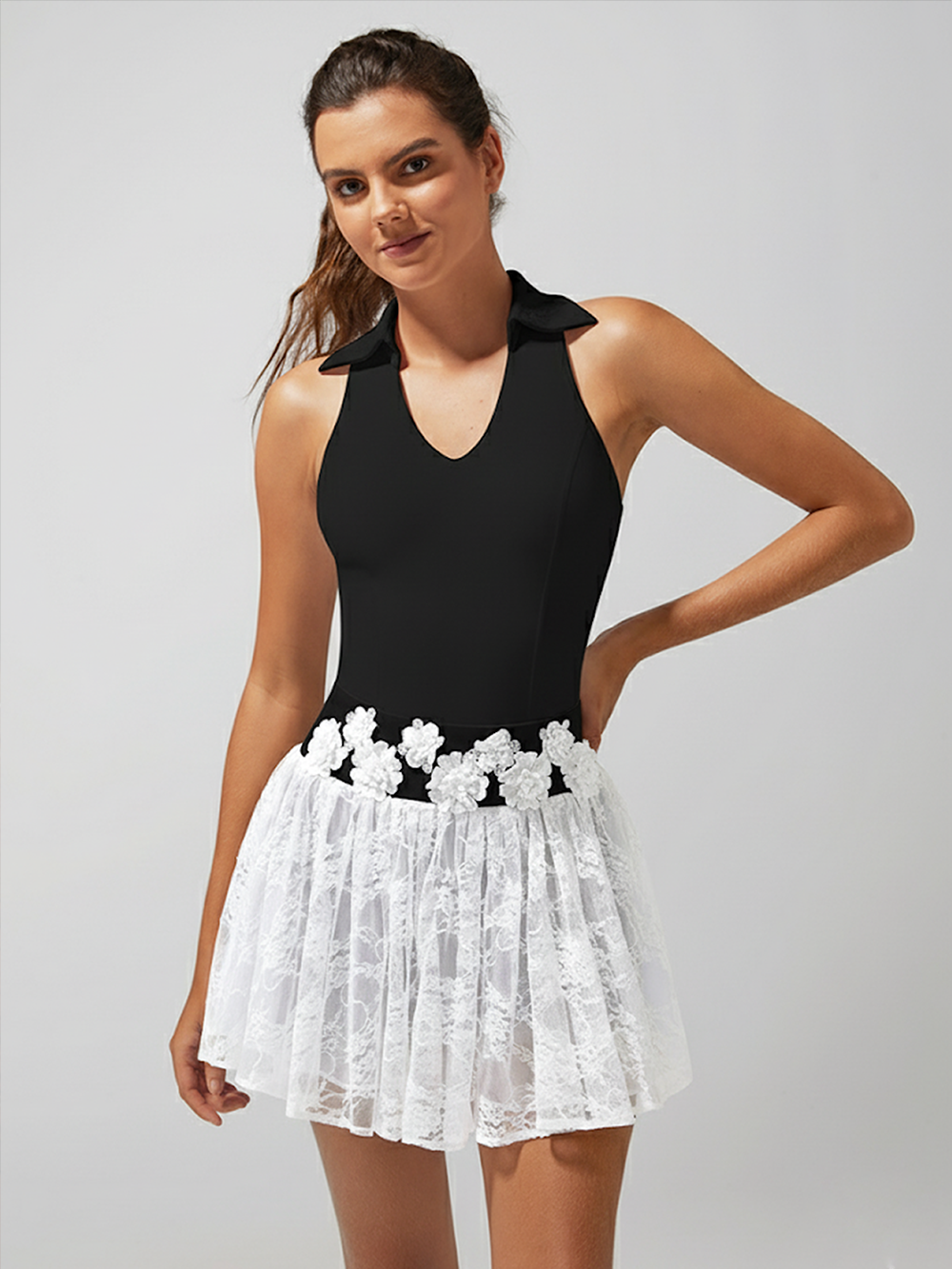 High Elasticity Lace Polo Crop Tank Top