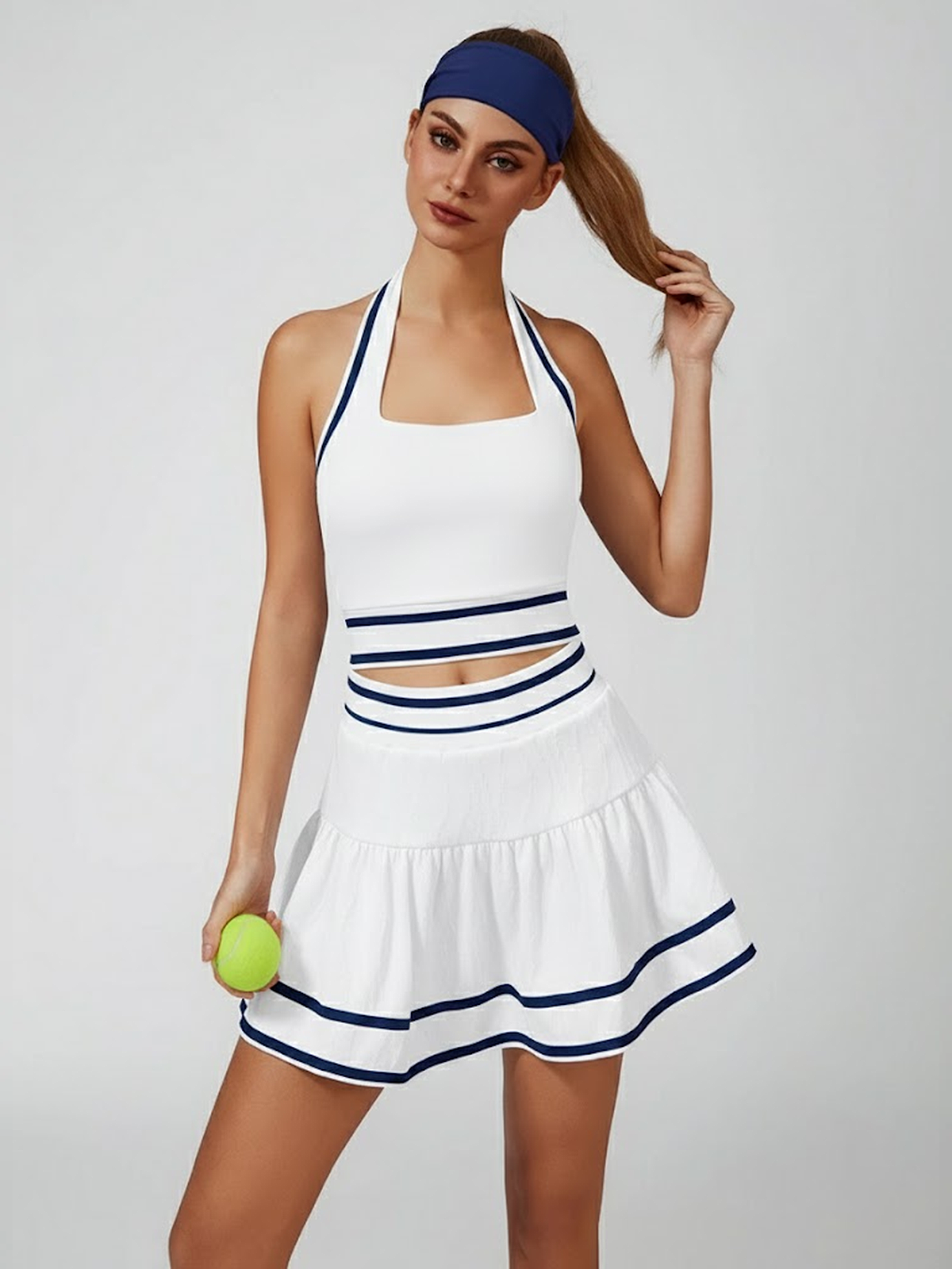 Cute Bow Halter Neckline Crop Tank Top with Built-in Bra Purplish Blue