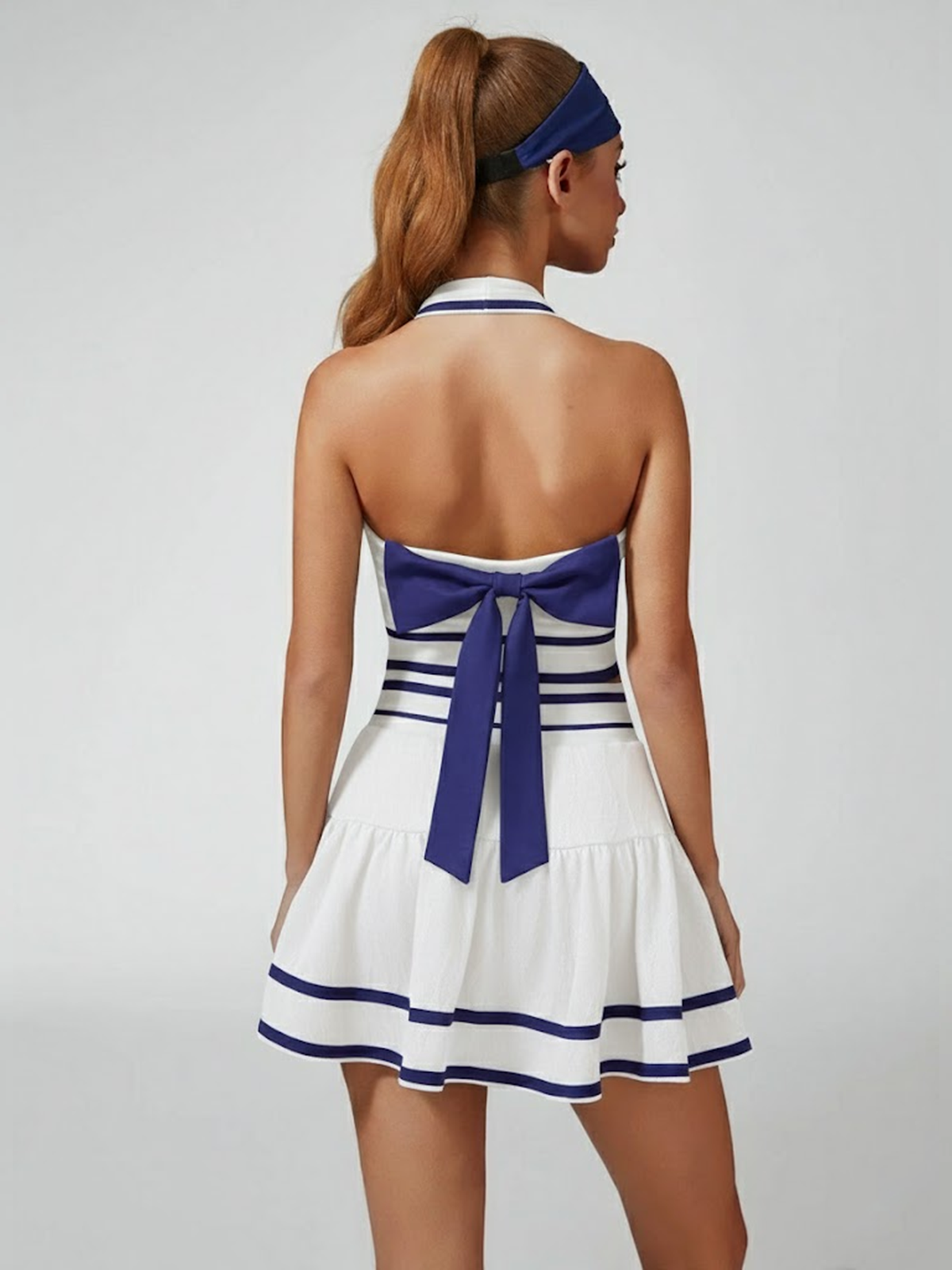 Cute Bow Halter Neckline Crop Tank Top with Built-in Bra Purplish Blue