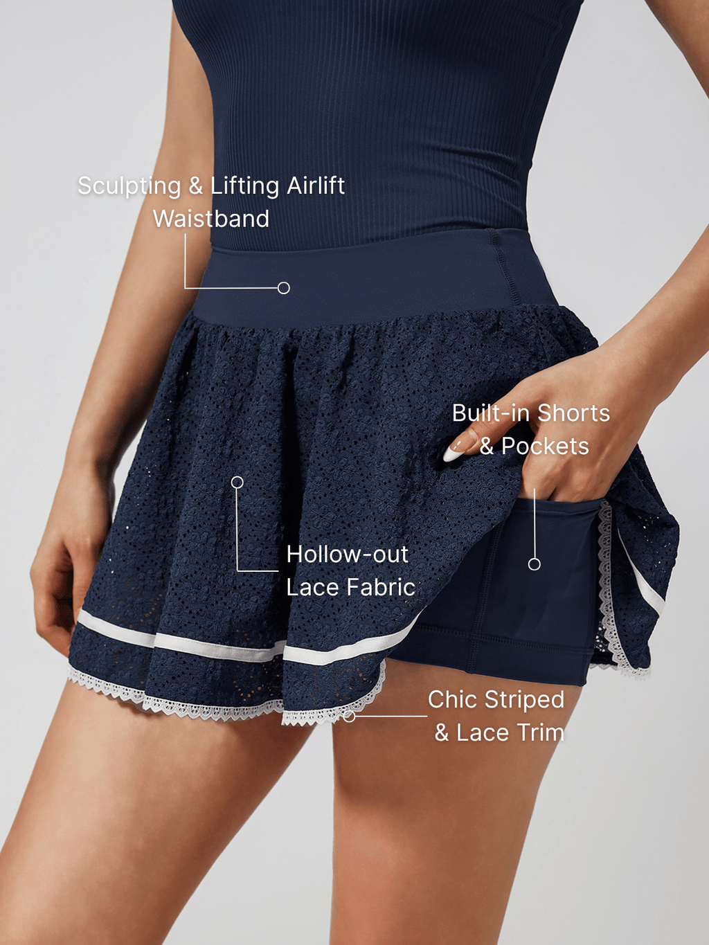 High Elasticity Hollow Out Tennis Skirt Navy Blue