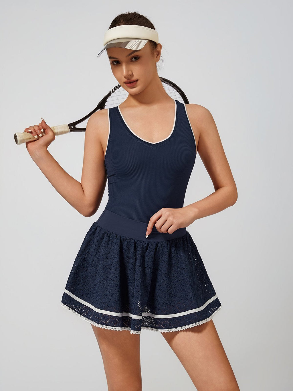 High Elasticity Hollow Out Tennis Skirt Navy Blue