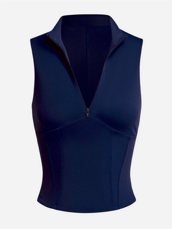 Front Zipper Stand Collar Tank Top Navy Blue
