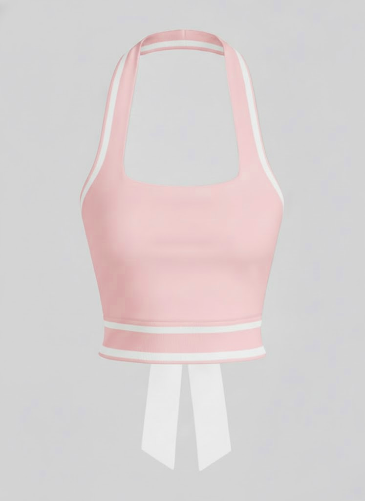 Cute Bow Halter Neckline Crop Tank Top with Built-in Bra Pink