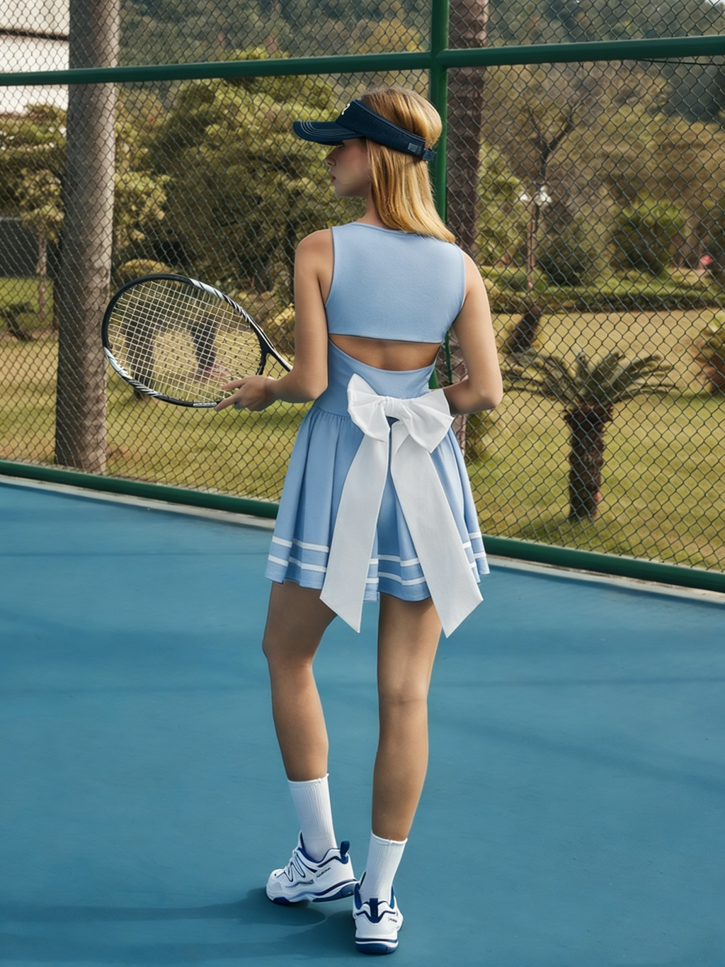 3D Bow Open-back Tennis Dress Blue