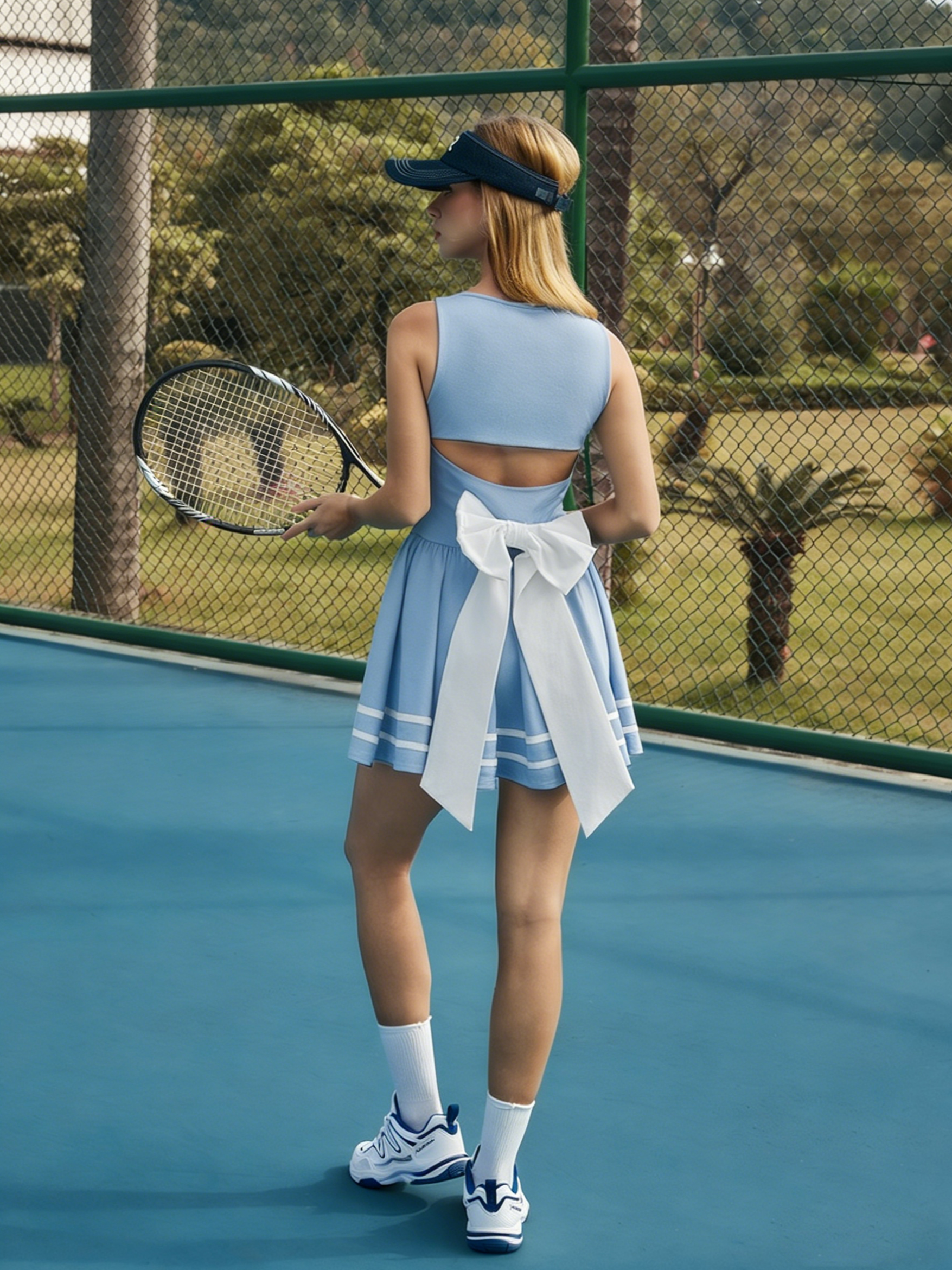 3D Bow Open-back Tennis Dress Blue