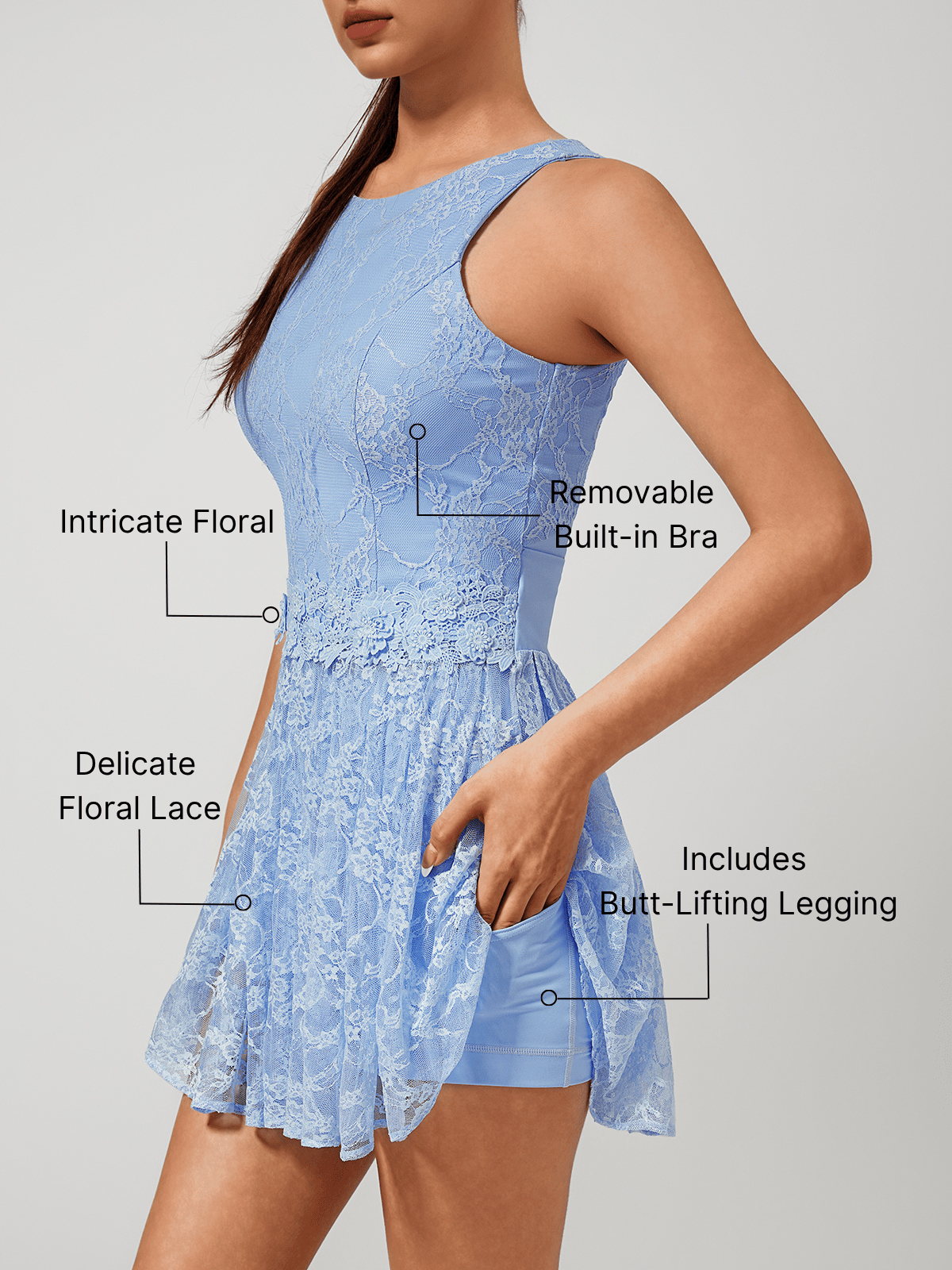 Built-in Bra 3D Floral Cut Out Lace Crew Neck Sleeveless Tennis Dress