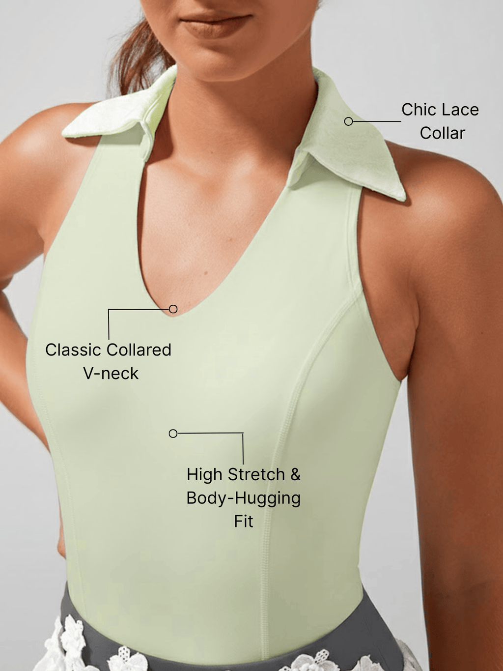 High Elasticity Lace Polo Crop Tank Top Green