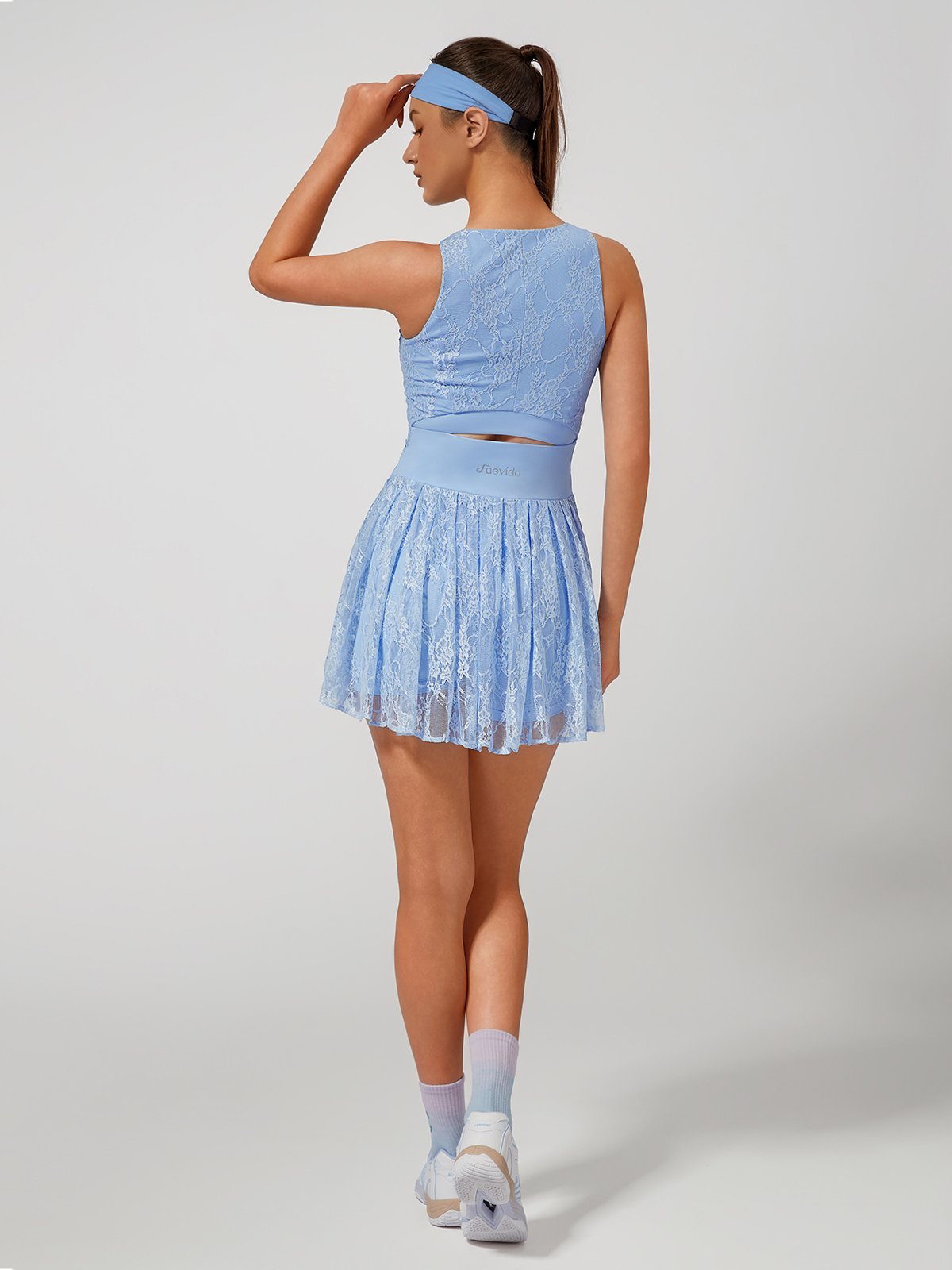 Built-in Bra 3D Floral Cut Out Lace Crew Neck Sleeveless Tennis Dress