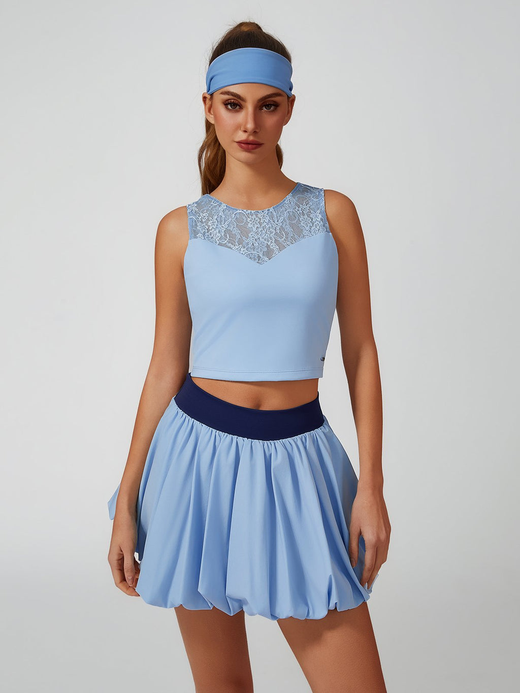 Lace Splicing Crew Neck Crop Tank Top Blue