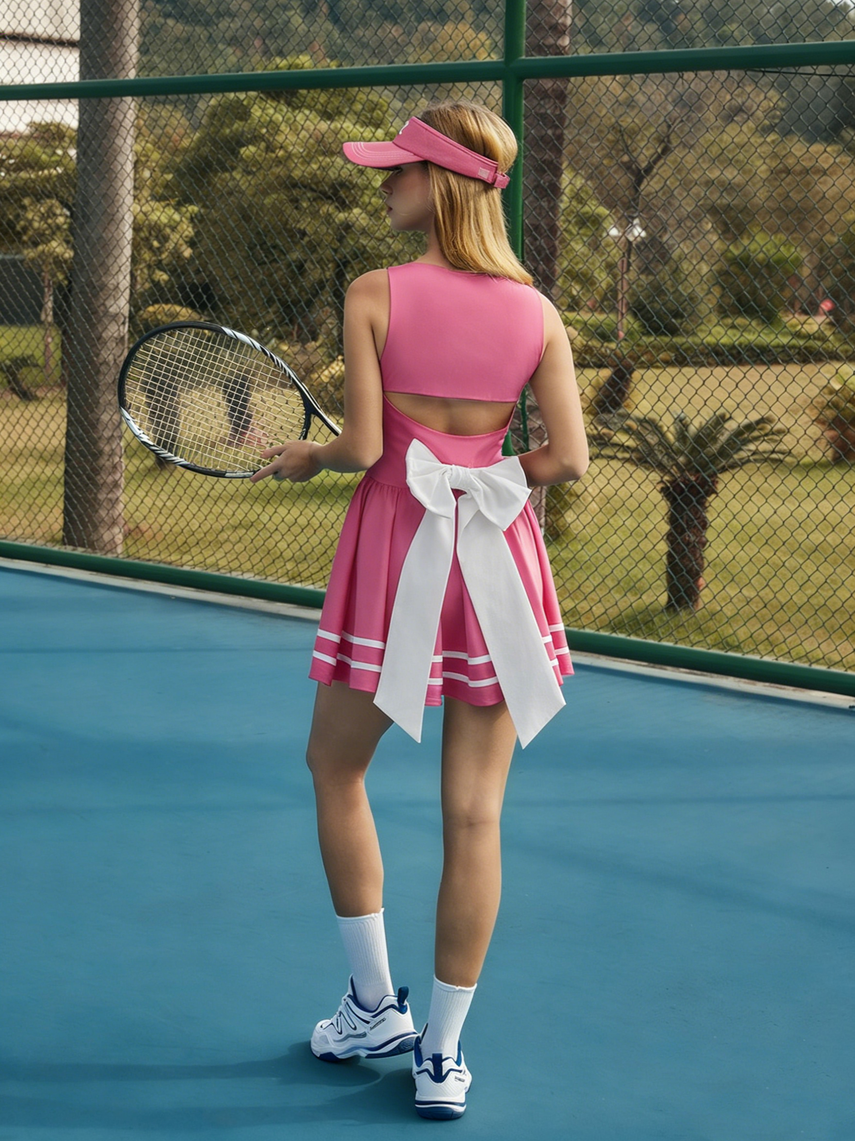 3D Bow Open-back Tennis Dress Hot Pink