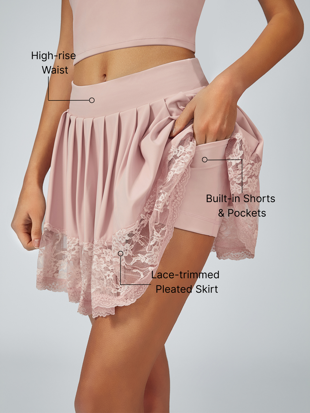 Lace-trimmed Pleated Pickleball Skirt Pink
