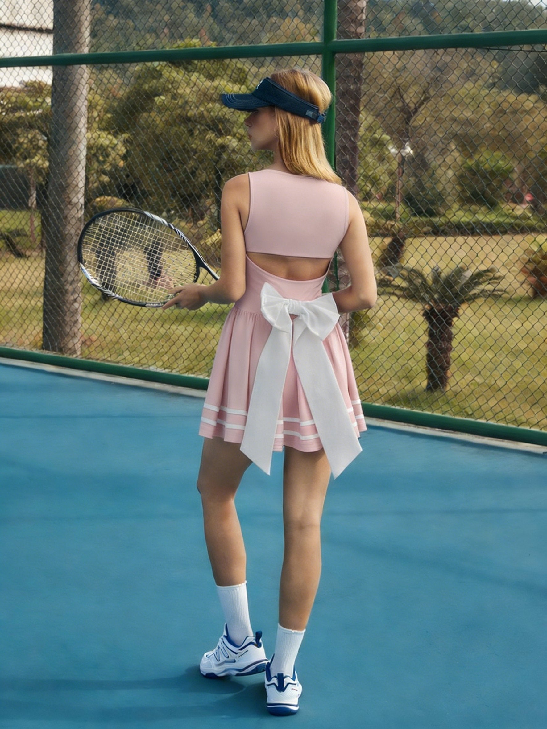 3D Bow Open-back Tennis Dress Pink