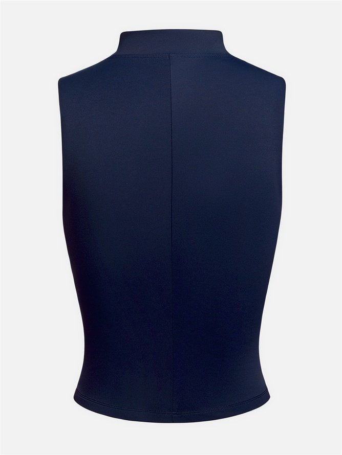 Front Zipper Stand Collar Tank Top Navy Blue