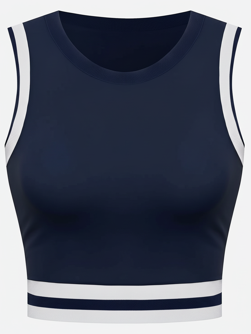 Seamless Ribbed Performance Fabric Crew Neck Crop Tank Top Navy Blue