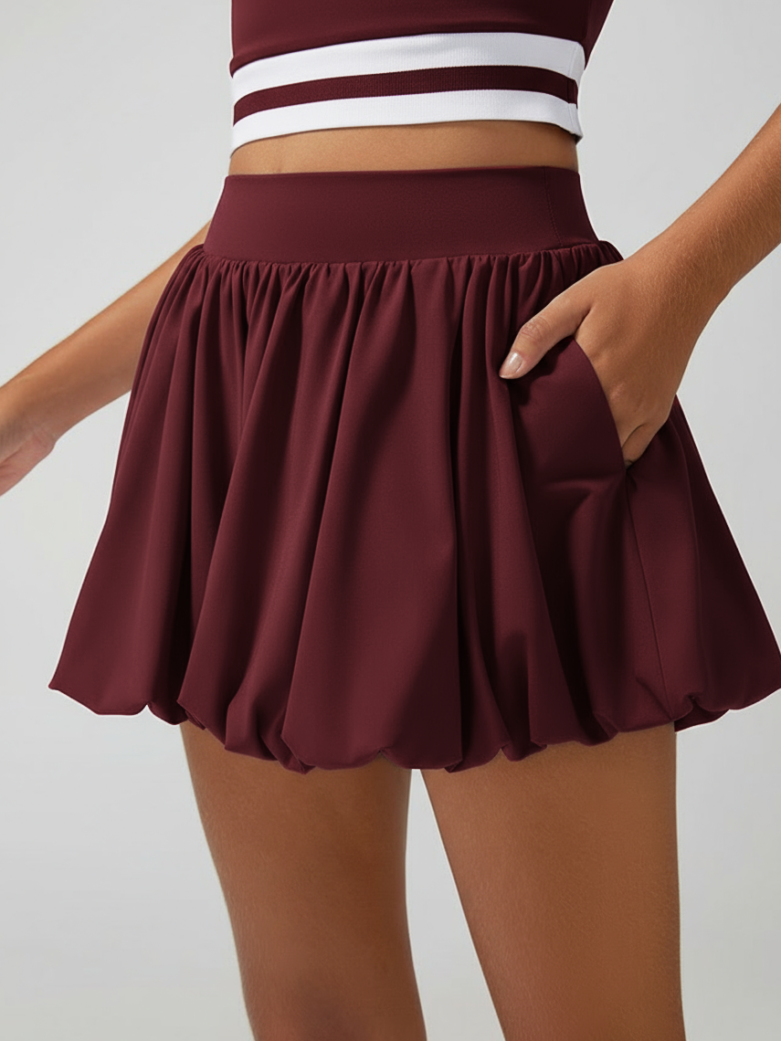 Pocket Stitching Bubble Tennis Skirt Burgundy