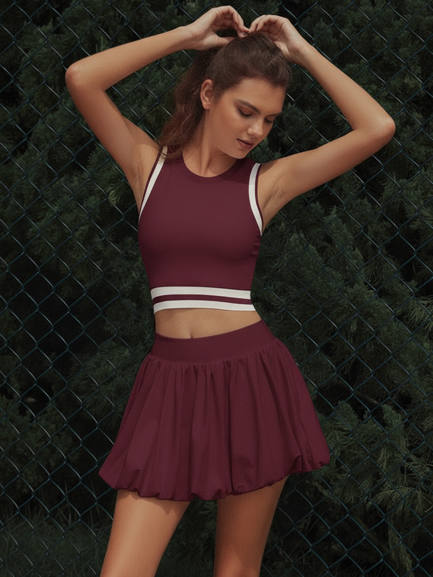 Seamless Ribbed Performance Fabric Crew Neck Crop Tank Top Burgundy