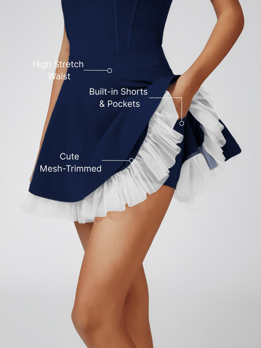 Mesh-Trimmed High-Elastic Waist Tennis Skirt