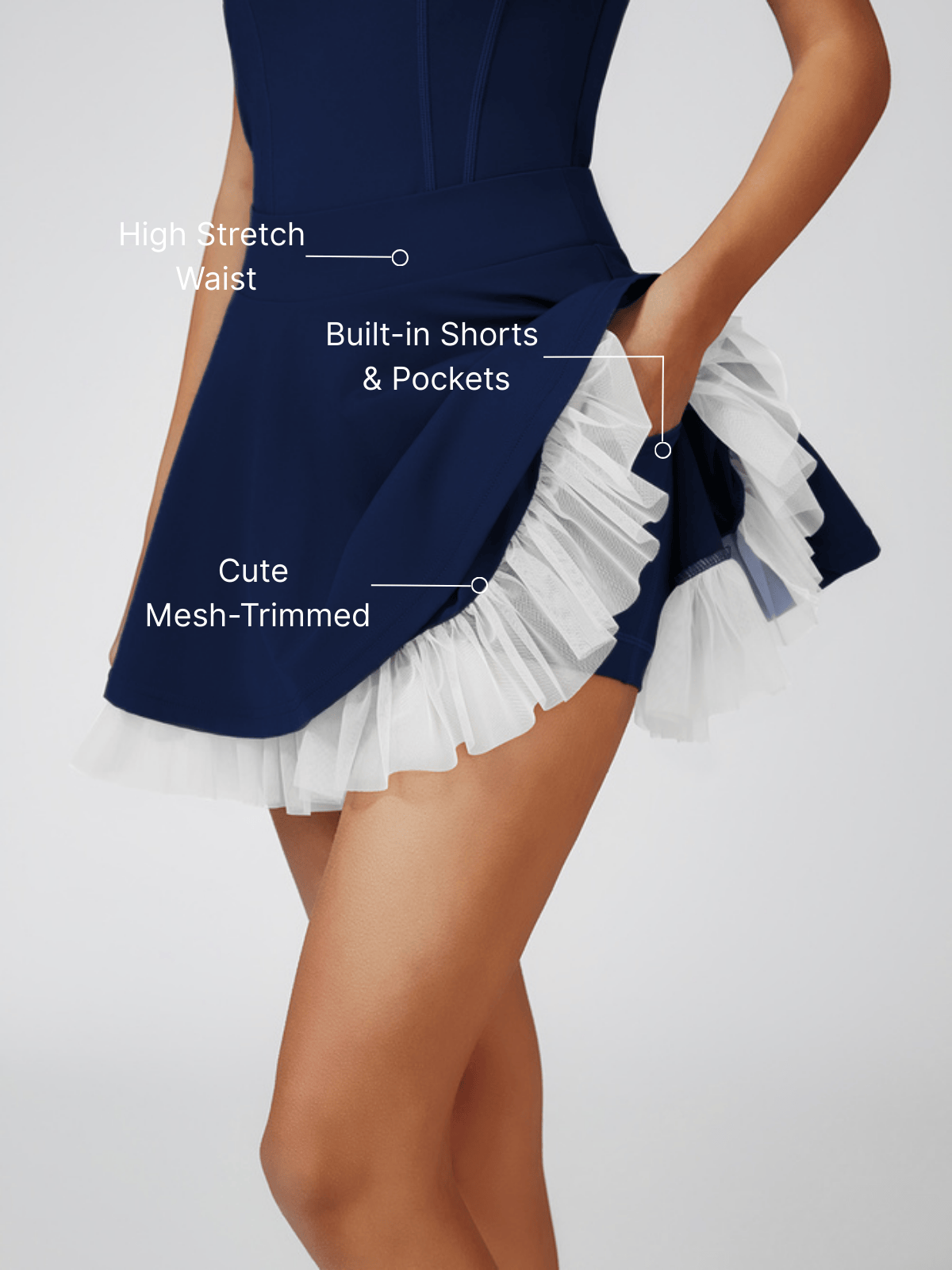 Mesh-Trimmed High-Elastic Waist Tennis Skirt