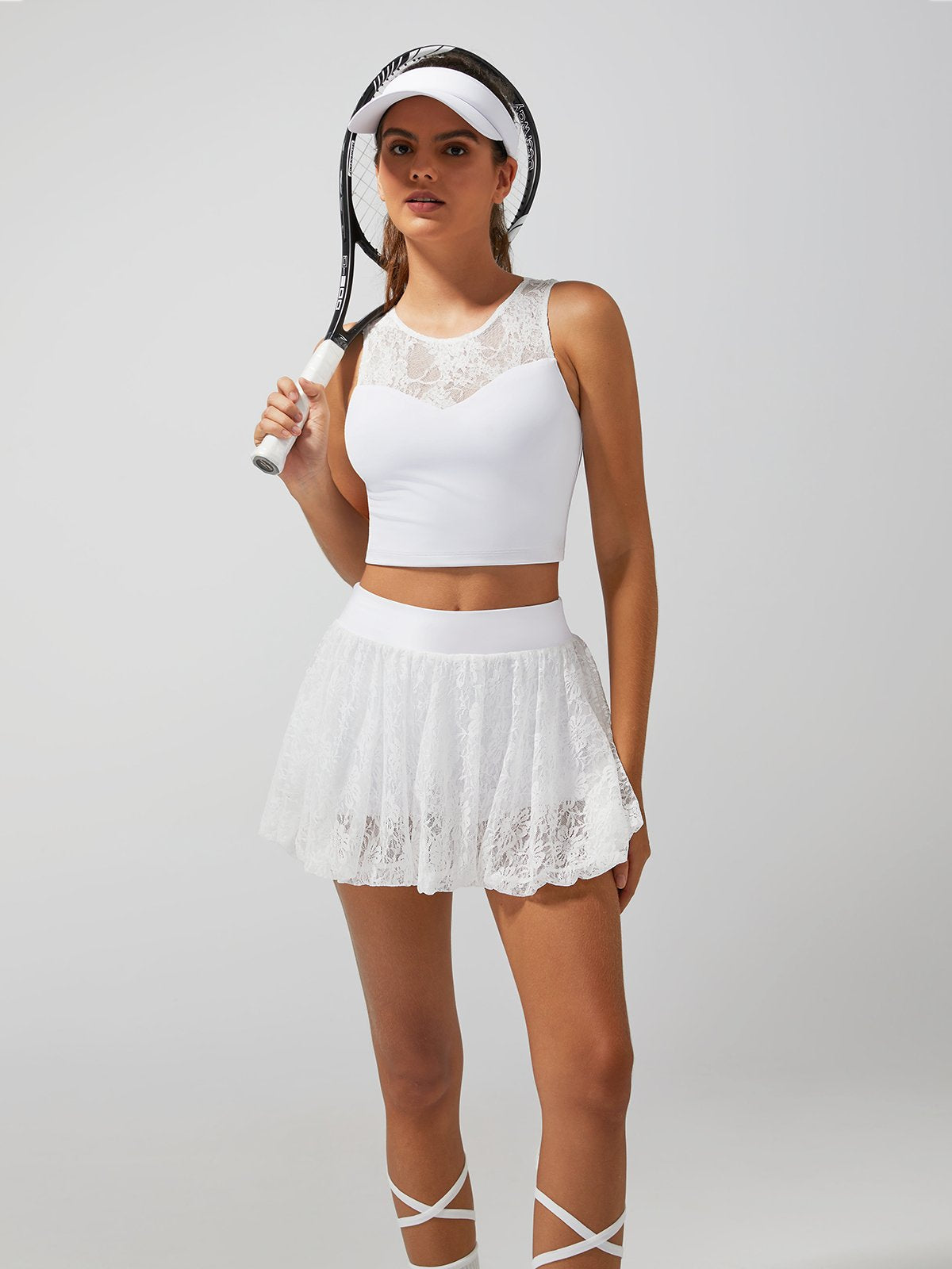 Lace Splicing Crew Neck Crop Tank Top with Built-in Bra