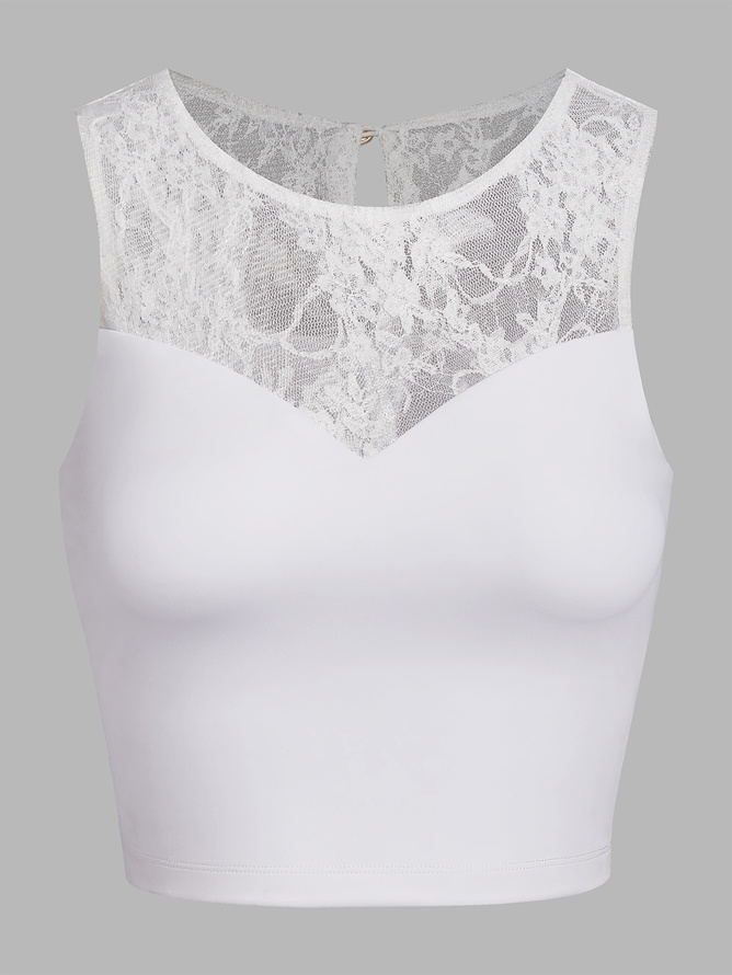 Lace Splicing Crew Neck Crop Tank Top with Built-in Bra