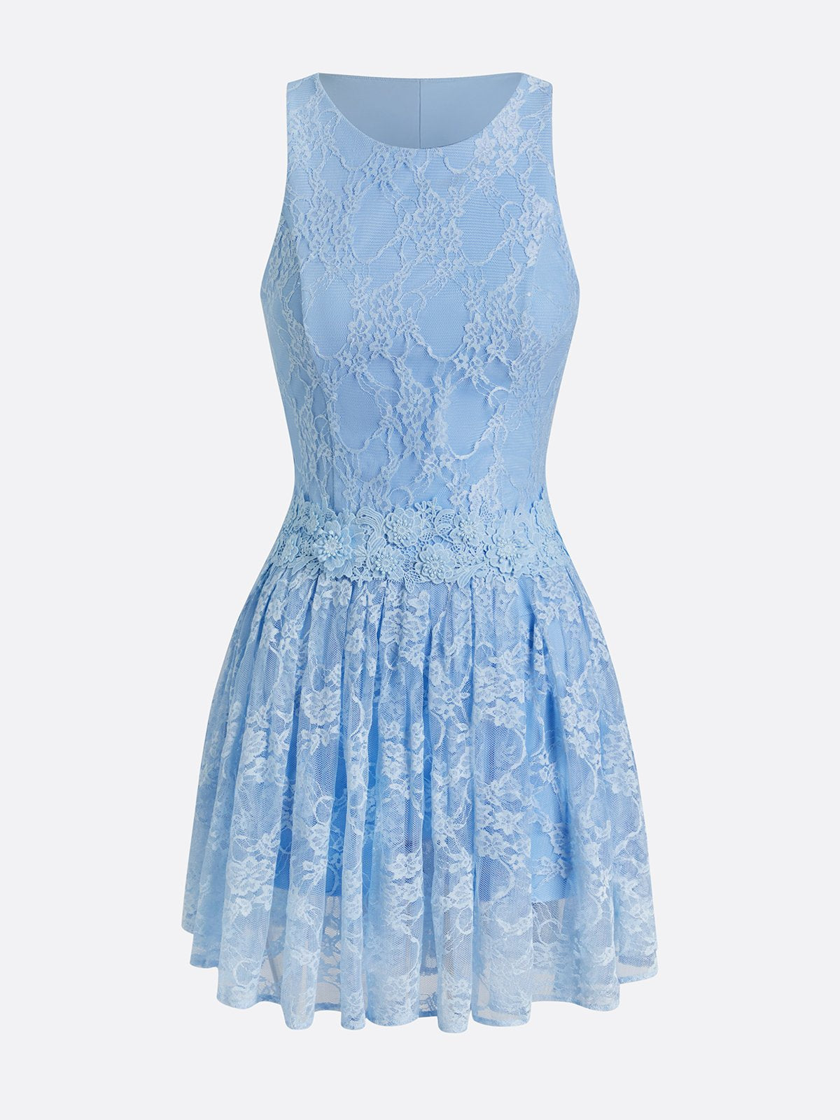 Built-in Bra 3D Floral Cut Out Lace Crew Neck Sleeveless Tennis Dress