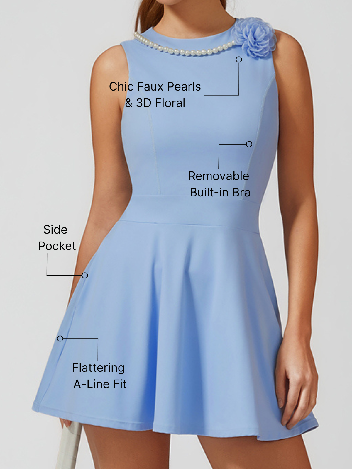 Faux Pearls 3D Floral Tennis Dress