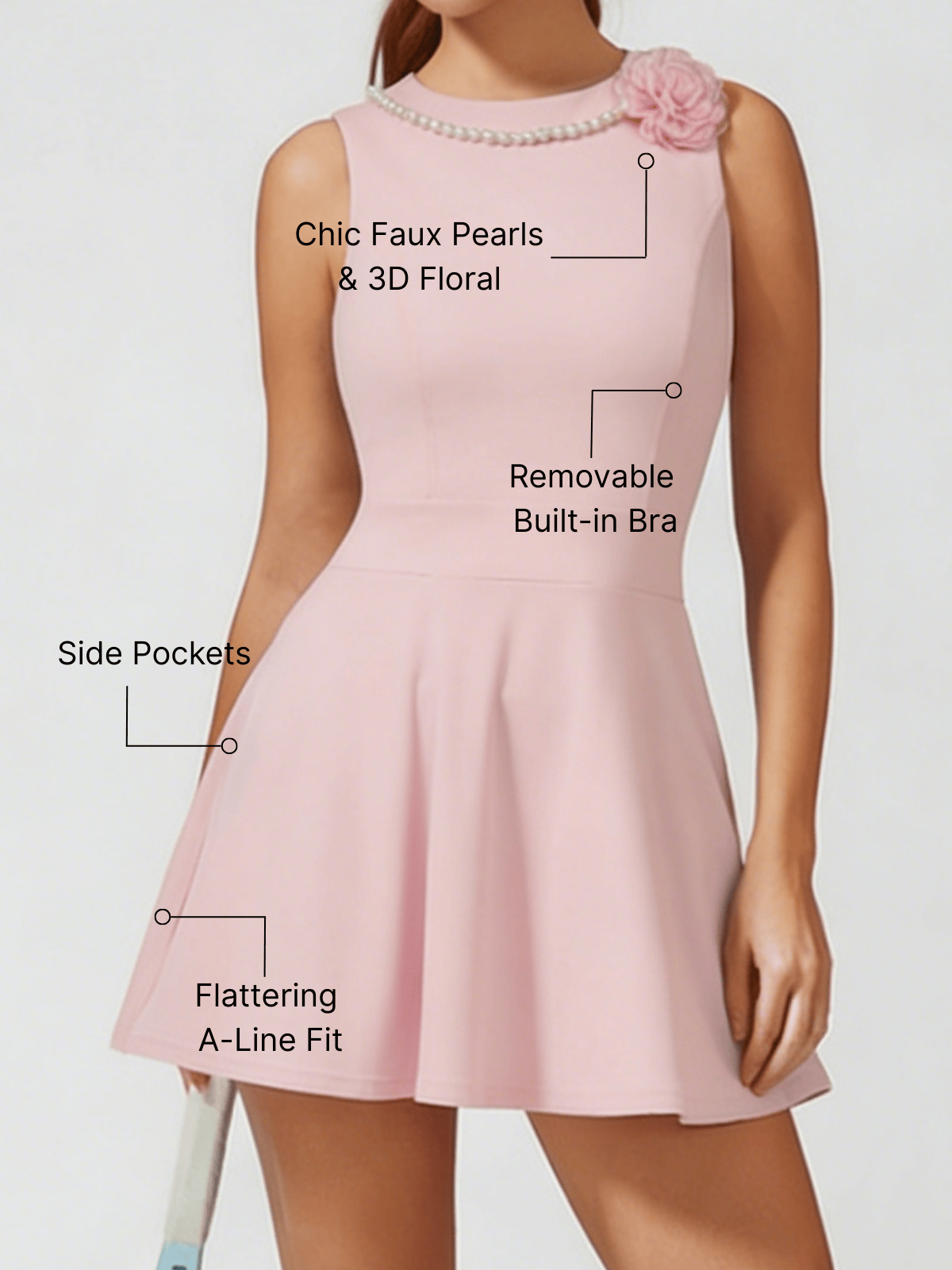 Faux Pearls 3D Floral Golf Dress Pink