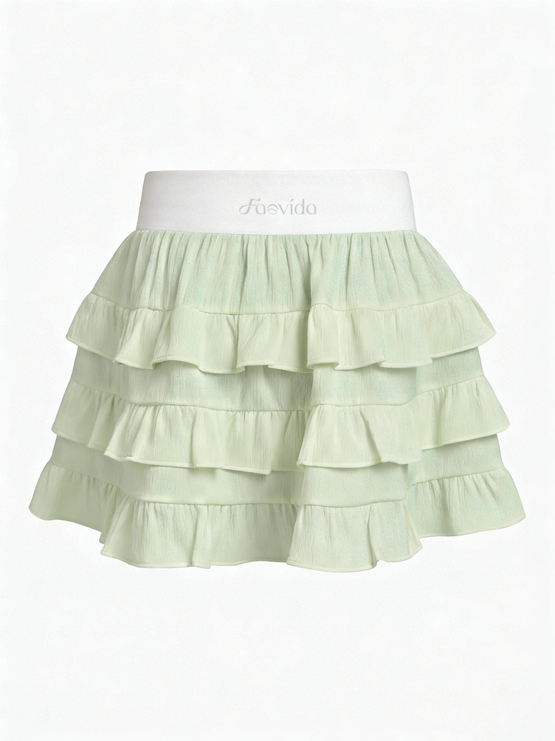 Contrast Waist Tiered Ruffles Tennis Skirt Green
