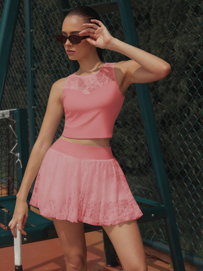 Lace Splicing Crew Neck Crop Tank Top