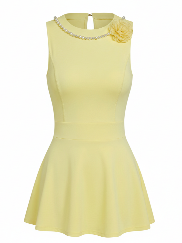 Faux Pearls 3D Floral Tennis Dress Yellow