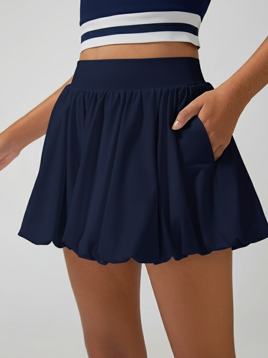 Pocket Stitching Bubble Tennis Skirt Navy Blue