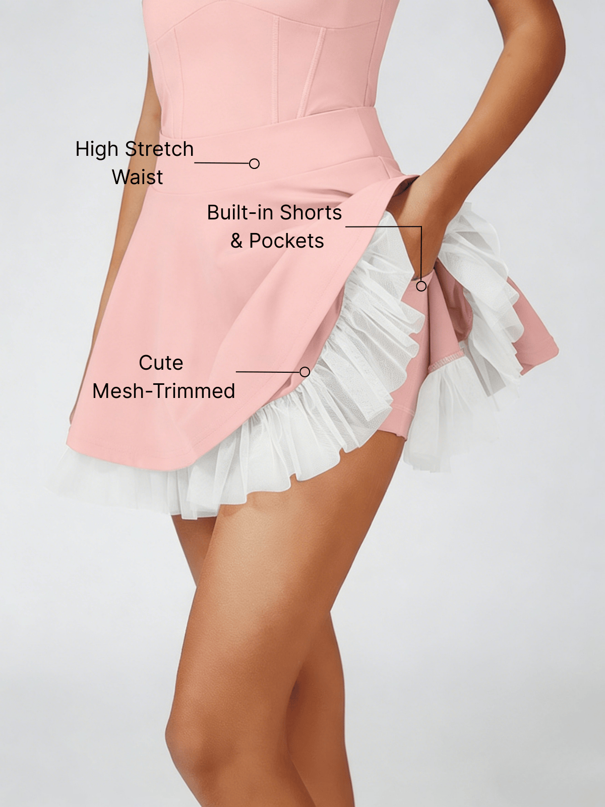 Mesh-Trimmed High-Elastic Waist Tennis Skirt
