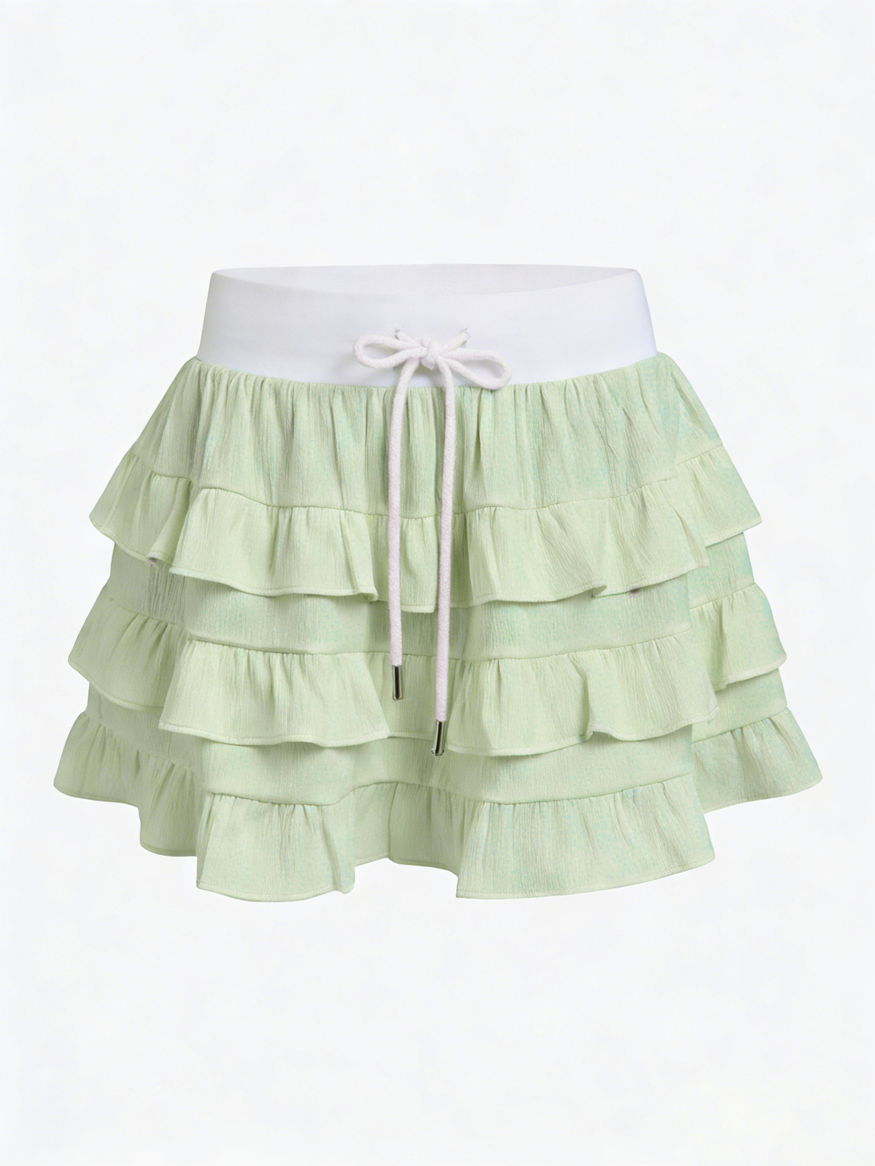 Contrast Waist Tiered Ruffles Tennis Skirt Green