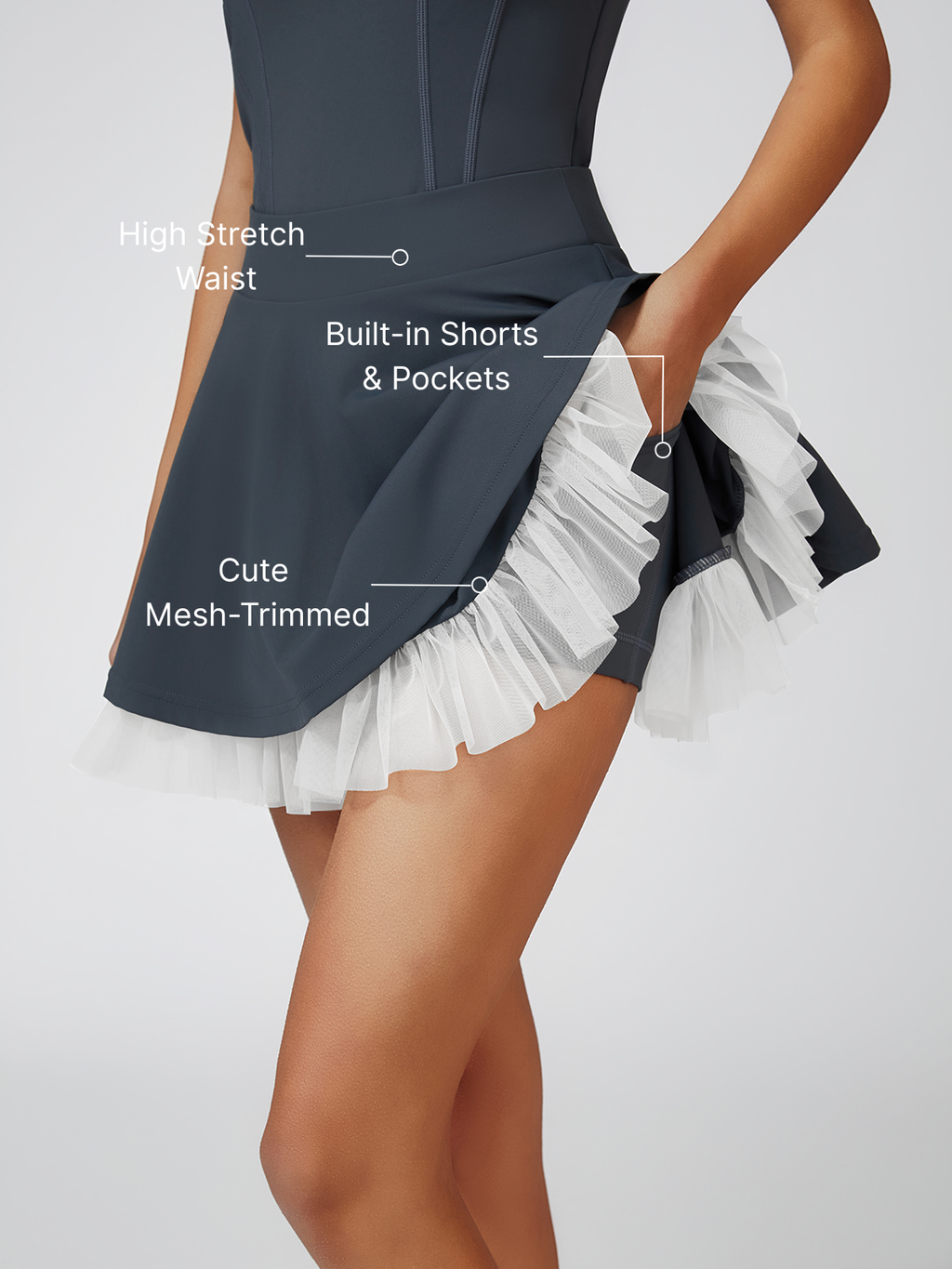Mesh-Trimmed High-Elastic Waist Tennis Skirt