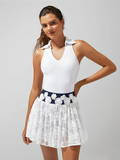 Lace 3D Flowers Pleated Tennis Skirt Purplish Blue
