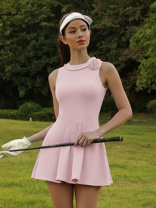 Faux Pearls 3D Floral Golf Dress Pink
