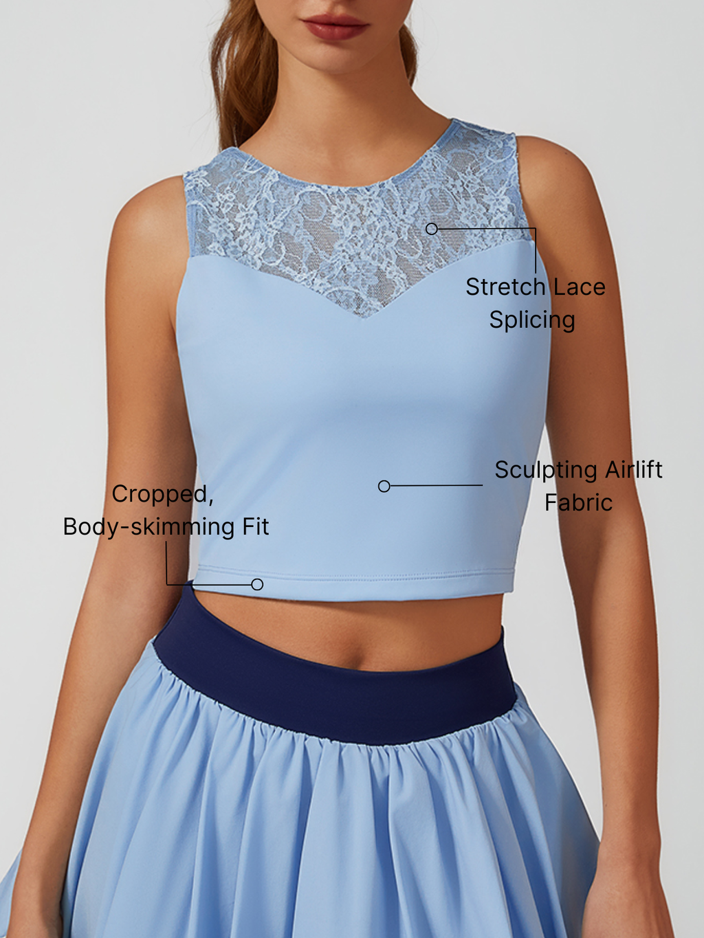 Lace Splicing Crew Neck Crop Tank Top Blue